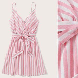 Surplice Neck Tie Front Striped Slip Dress